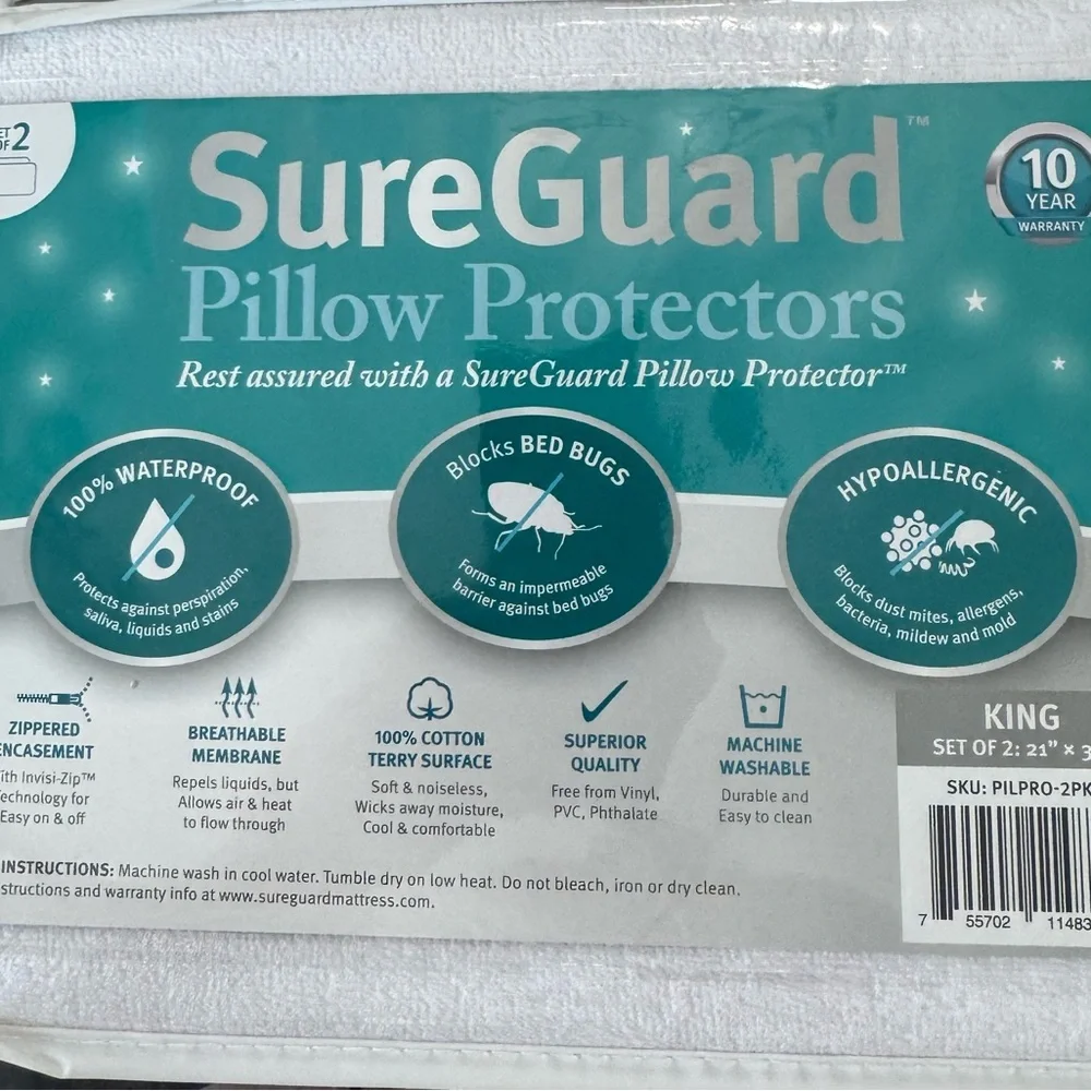 White Hypoallergenic Waterproof Pillow Protectors. Set of 2.
